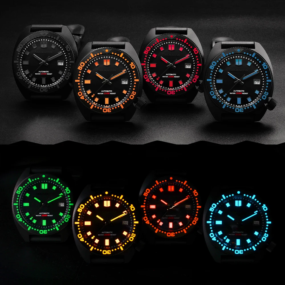 Часы San Martin Diver Black Warrior 6105 цветные суперсветящиеся автоматические механические