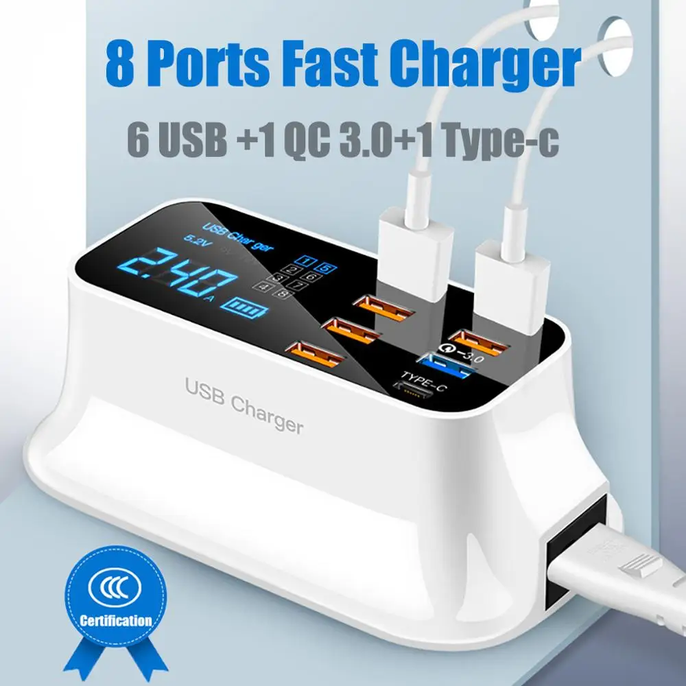 Зарядное устройство QC3.0 PD с цифровым светодиодным дисплеем 8 портов быстрая
