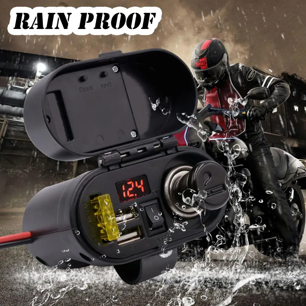 Waterproof Motorcycle 3.1A Dual USB Phone GPS Charger LED Clock Indicator