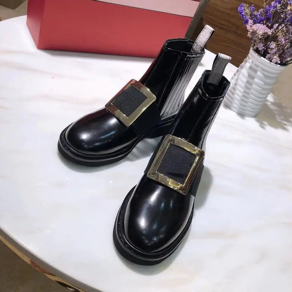 

Smooth Box Leather Women Boots 2019 New Autumn Fashion Women Boots Metal Button Boots Comfortable Female Footware Shoes Woman