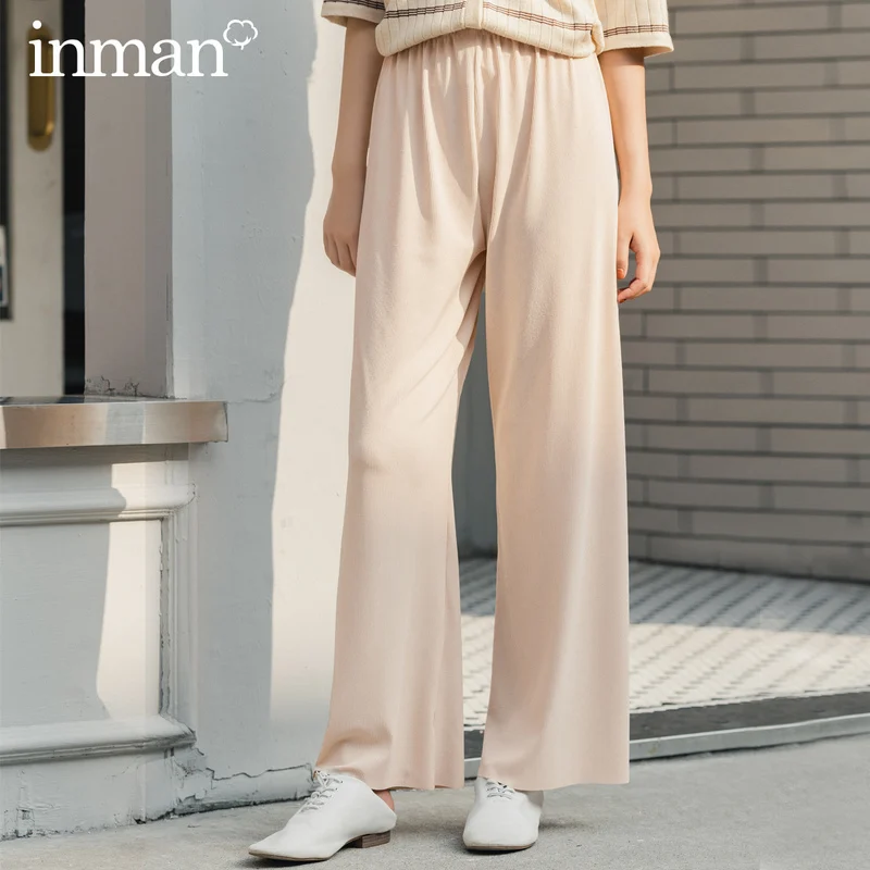 

INMAN 2020 Summer New Arrival Ventilate Skin-friendly Elastic Waist Pure Color Loose Drape Long Pant