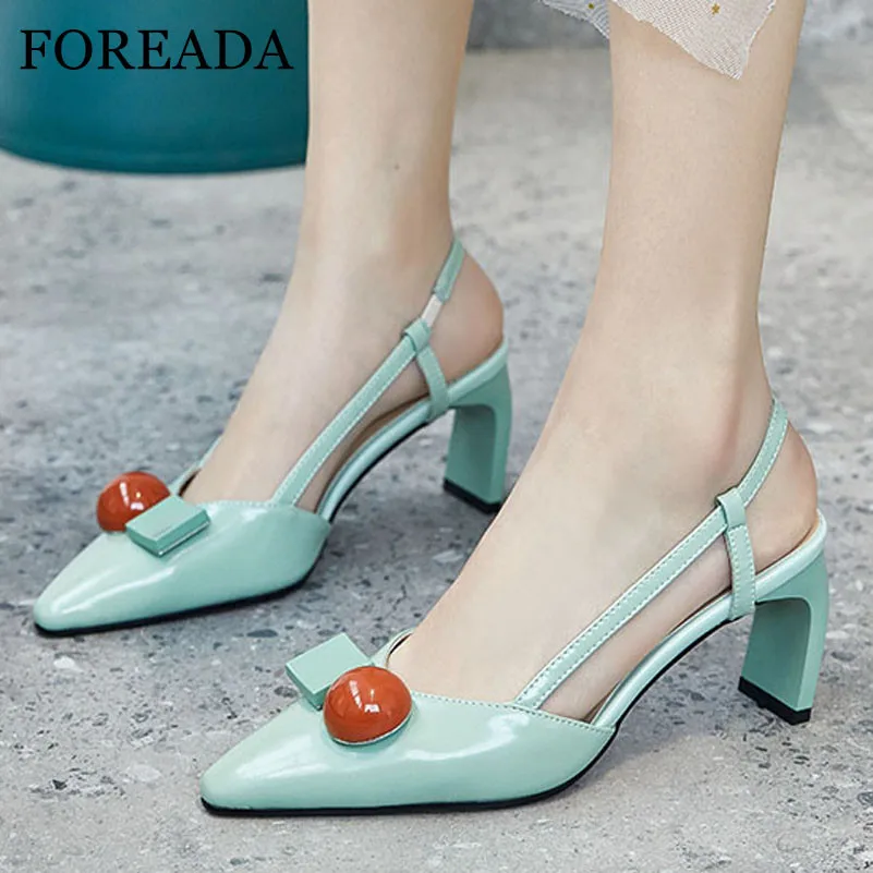 

FOREADA Woman Slingbacks Shoes Natural Genuine Leather High Heels Pointed Toe Chunky Heel Shoes Dress Female Pumps Black Size 42