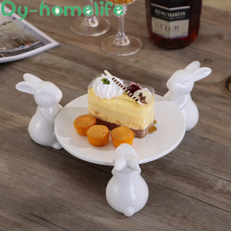 

8/12 Inch Korean Cute 3 Rabbit Round Ceramic Fruit Plate Household Bone China Baking Cake Plate Dessert Plate Storage Tray