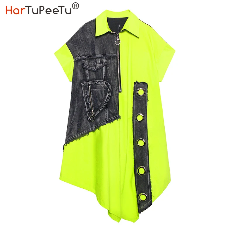 

Oversized Midi Dress Women Zipper Summer Vestido Mujer Asymmetrical Loose Casual Patchwork Washed Denim Metal Rings Decorate
