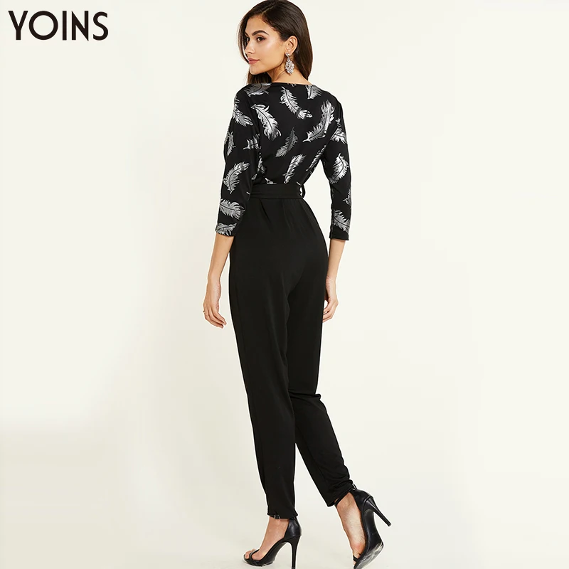 YOINS Spring Autumn Women Sexy Deep V Neck Crossed Front Tie-up Jumpsuit Female Elegant Office Trousers Outfits Femme Black