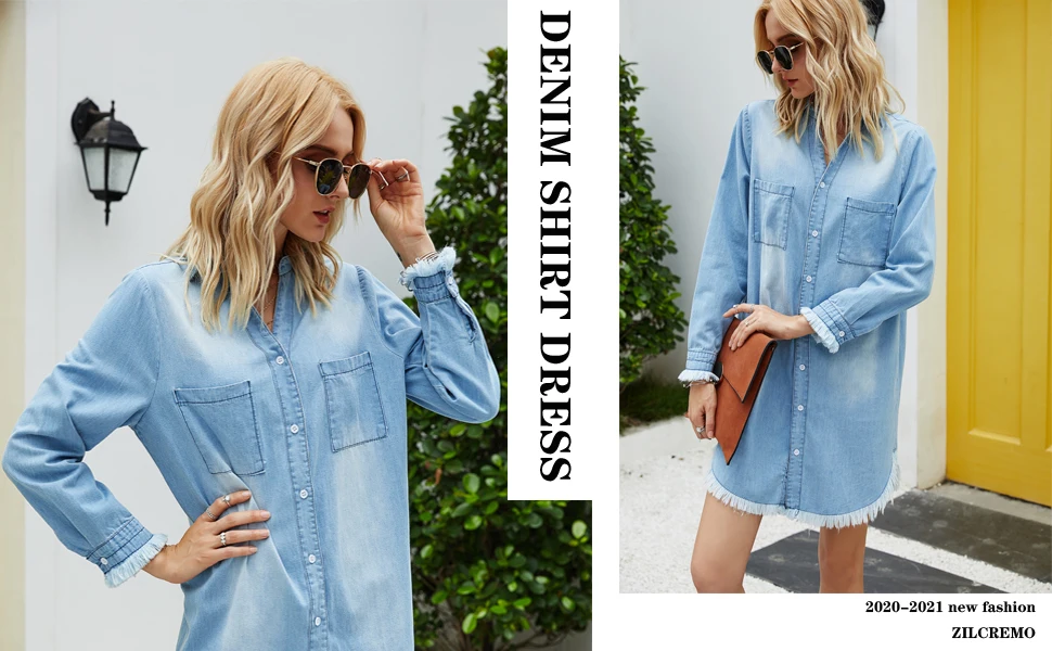 Women Denim Shirt Dresses Long Sleeve 