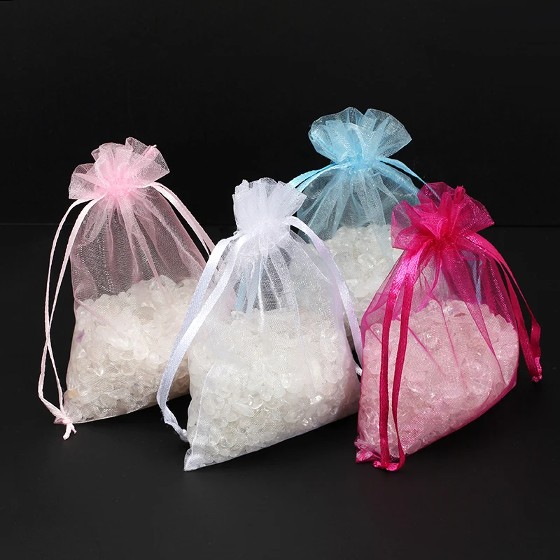 50 unids/lote de bolsas blancas de Organza con cordones, paquete de regalo de joyería de 7x9cm, bolsas de hilo, regalos y favores de Navidad/boda 5Z