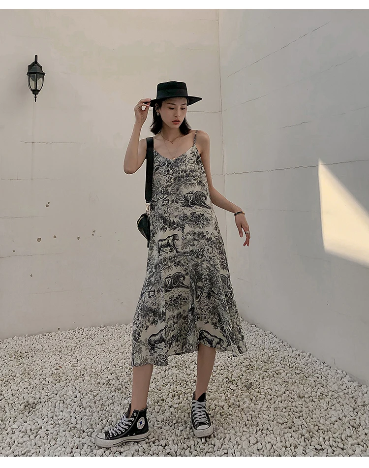 Chic women's high quality elegant slip dress Holiday style animal print chiffon dress B283
