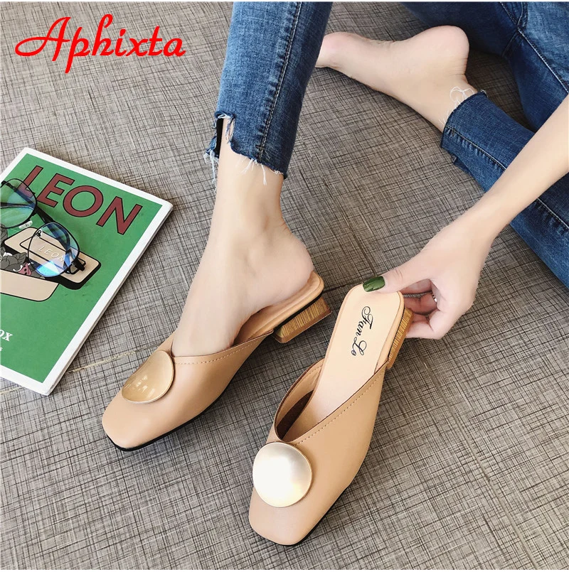 Aphixta/женские шлепанцы на квадратном каблуке; мягкая женская обувь с круглым металлическим квадратным носком; сезон лето-осень; большие размеры 43