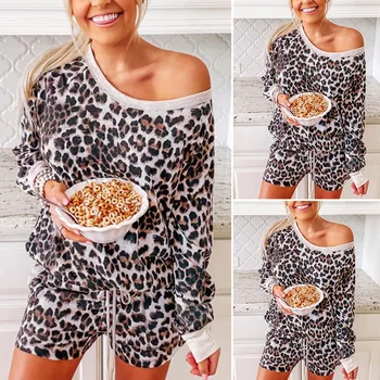 

Women's Fashion Round Neck Leopard Print Long-Sleeve Shorts Split Pajamas Suit Leopard