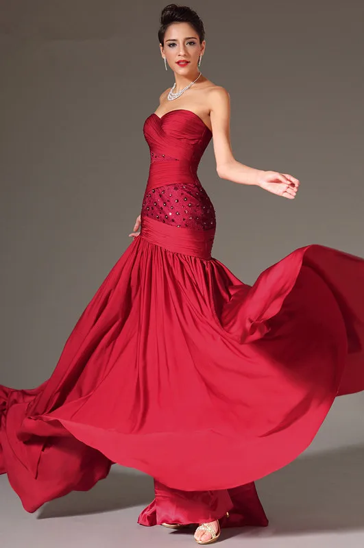 Red Evening Dresses Mermaid Sweetheart Chiffon Beaded Long Dubai Saudi Arabic Evening Gown Prom Dresses