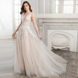 lOVE Ivory Ladies Wedding Dresses with Puff Tulle Floor-Length Sleeveless Deep V-Neck Bridal Gowns Applique A-Line Sexy Backless