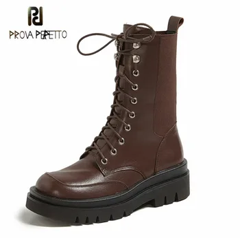 

Prova Perfetto 2020 New Style Boots Women Genuine Leather Round Toe Lace-Up Thick Bottom Plush Party Winter Ankle Boots Mujer