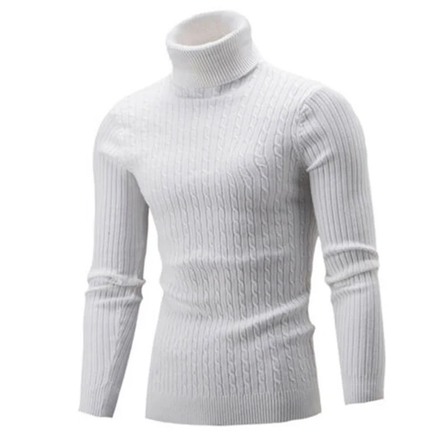 Casual Men Winter Solid Color Turtle Neck Long Sleeve Twist Knitted Slim Sweater Men's Knitted Sweaters Pullover Men Knitwear white