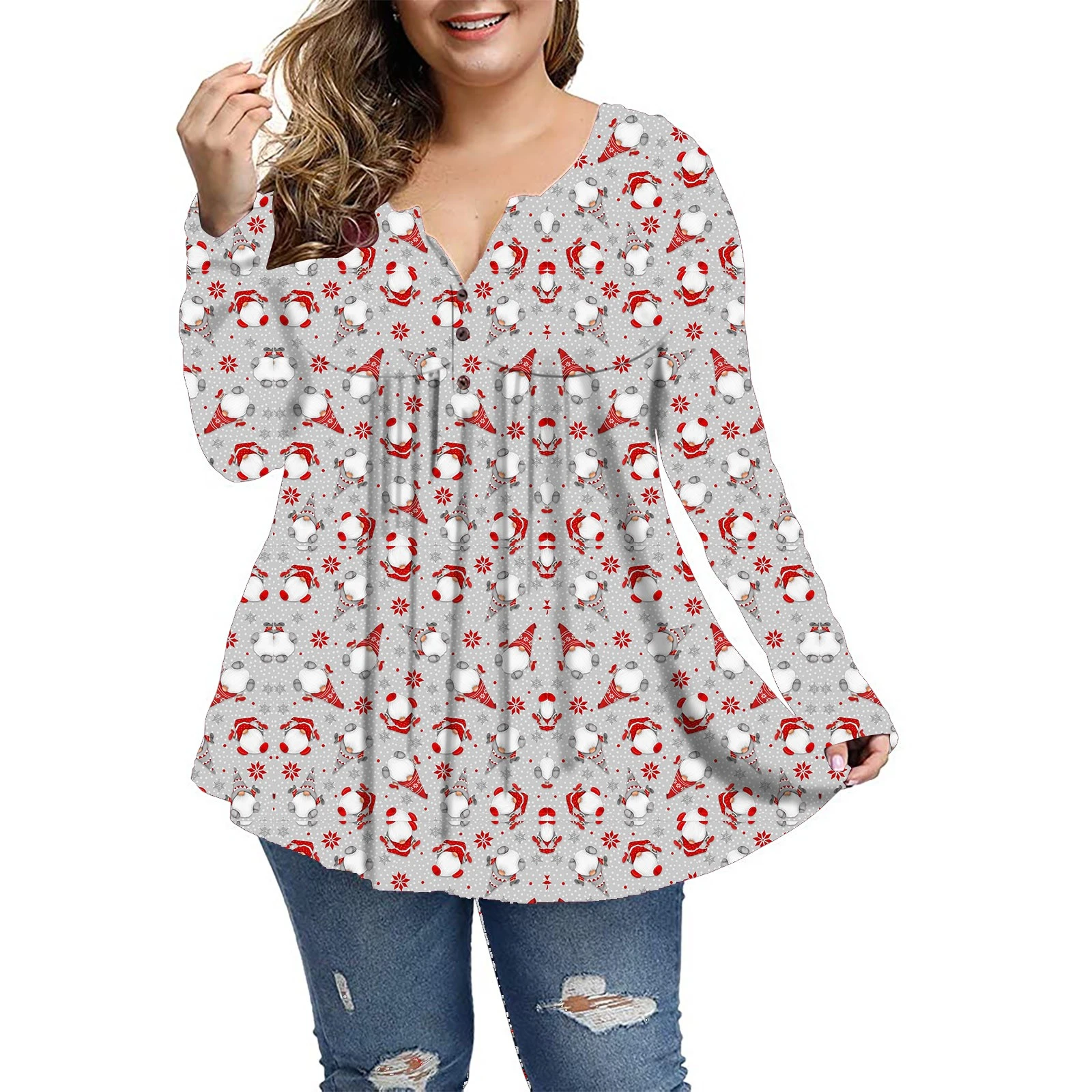 hjerte sektor Ledelse Autumn Christmas Plus Size Tops Women Long Sleeve Cute Christmas Gnome  Print T Shirt Pleated Work Casual T-shirt Natal - T-shirts - AliExpress