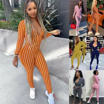 

6 Colors Trendy Women Long Sleeve V Neck Stripe Bodycon Jumpsuit Female Sexy Slim arrival Casual Playsuits Clubwear Outfits