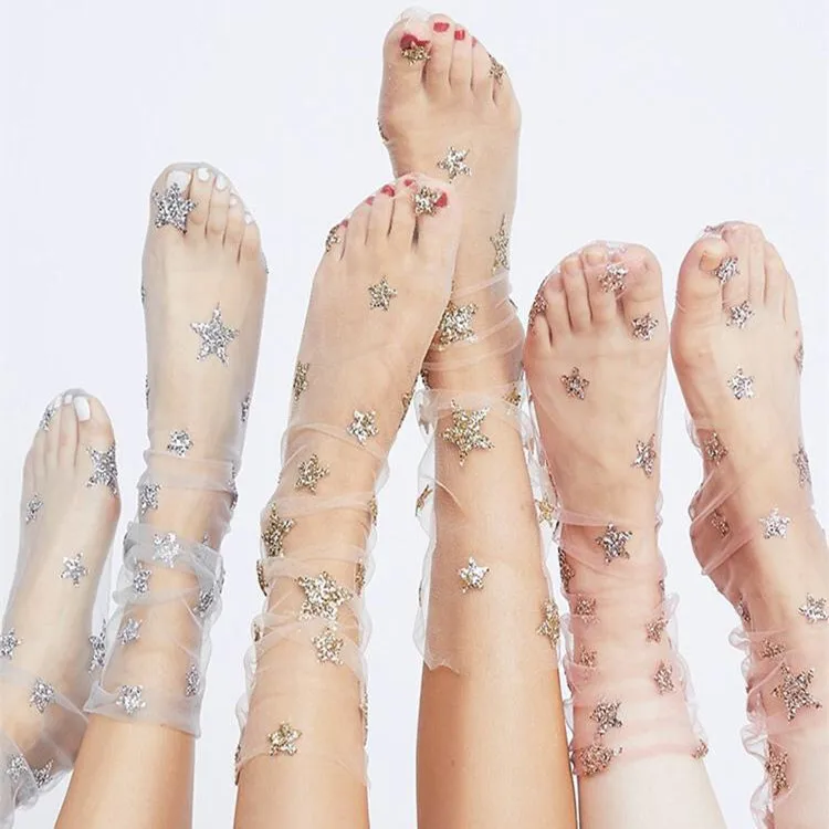

Fashion Multi Glitter Thin Mesh Star Hosiery Socks Celebrity Summer Tulle Transparent Ultra New Color Fishnet Shining