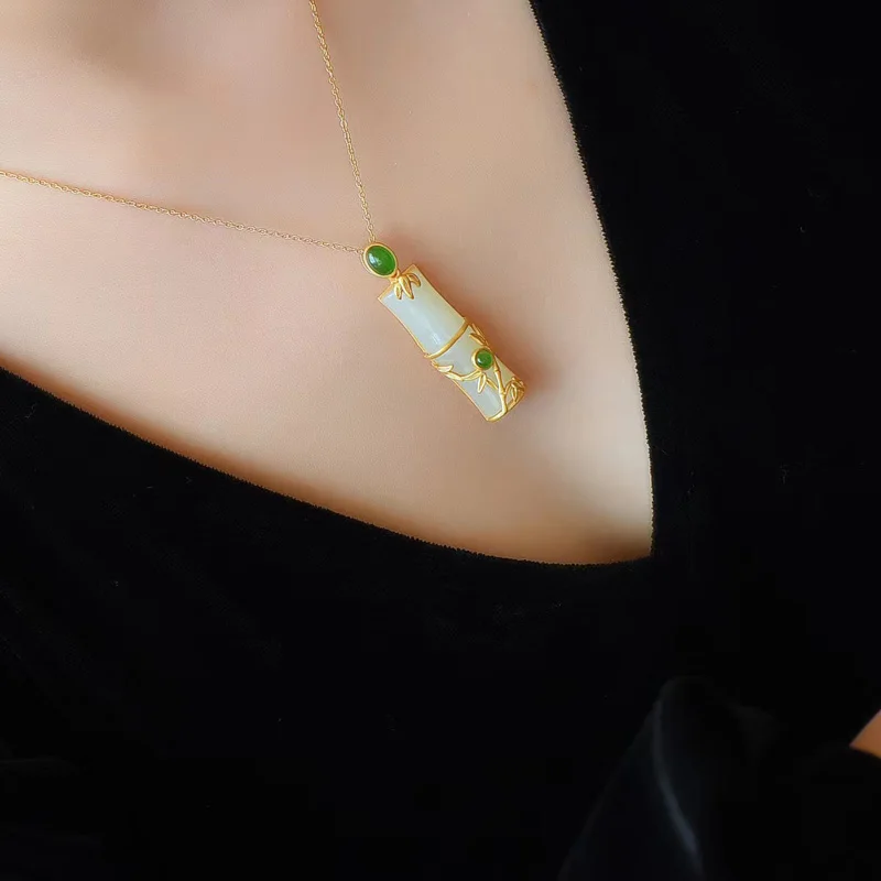 

New 925 Sterling Silver Necklaces For Women Elegant White Jade Wealthy Bamboo Pendant Necklace Jewelry Female Clavicle Chain