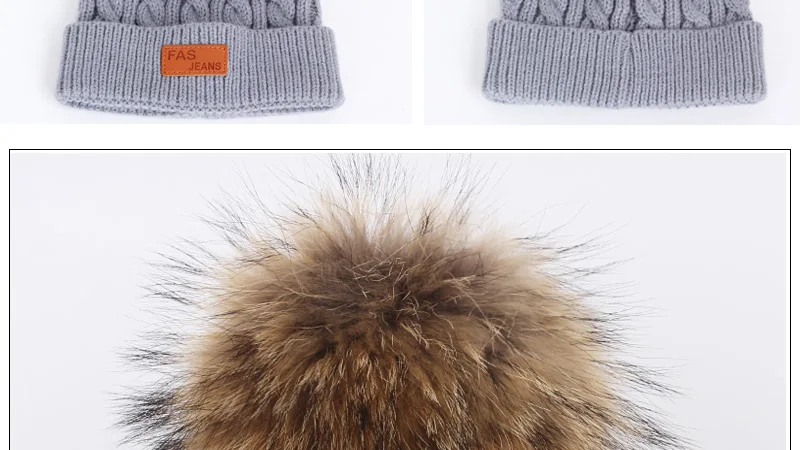 2018 новые детские вязаные шапочки, теплая зимняя шапка для мальчиков и девочек, детская шапка с помпонами из меха енота, настоящая норка