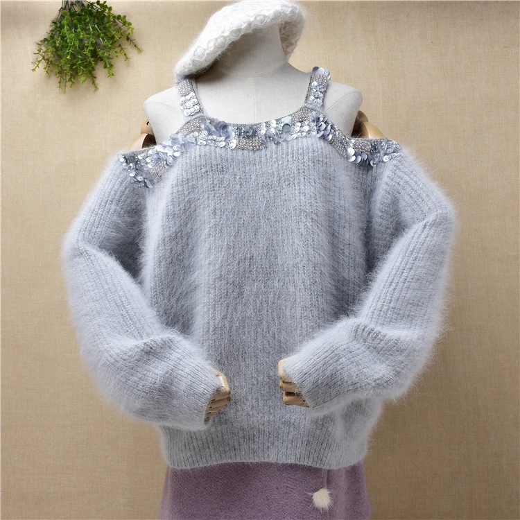 female women fashion beading hairy plush mink cashmere knitted off shoulder long sleeves loose pullover angora fur sweater pull | Женская