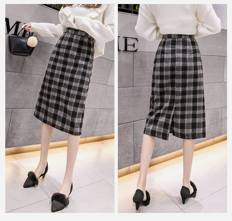 Office Lady Autumn Winter Elegant Warm Wool Midi Skirt Korea Style Women Plaid Casual Hight Waist Slim Back Slit Pencil Skirts