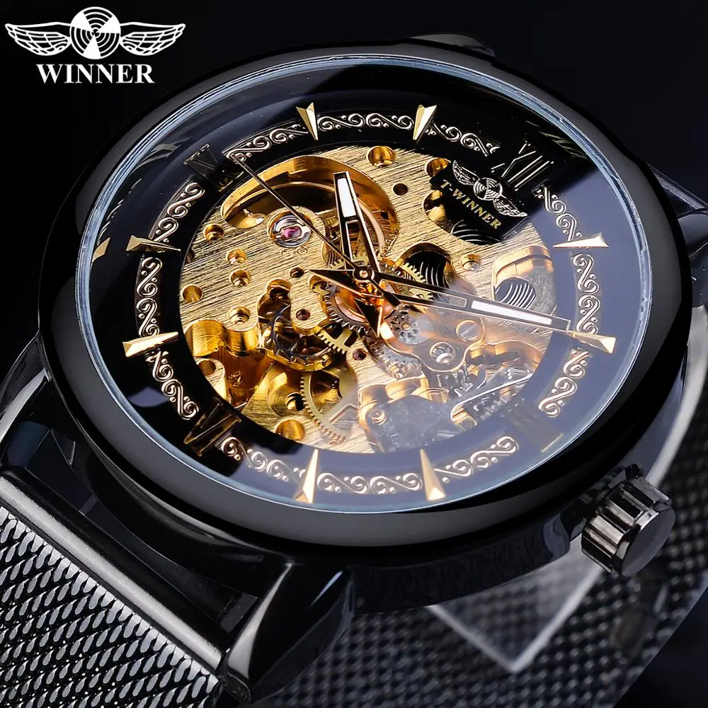 

Winner Classic Men Mechanical Watch Skeleton Black Golden Slim Analog Mesh Steel Band Mens Casual Dress Wristwatch Clock For Man