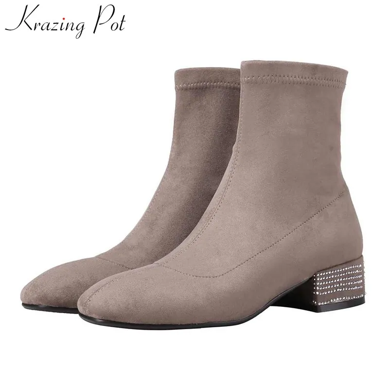 

krazing pot solid crystal studded soft sheep suede square toe med heels winter daily wear basic keep warm women ankle boots L08