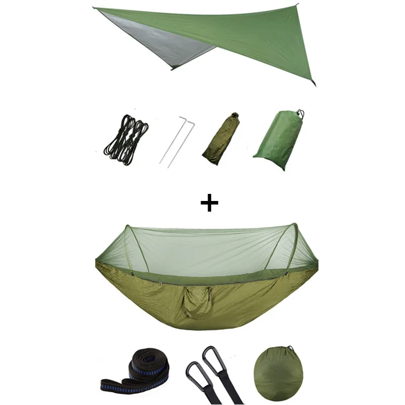 Green and green Outdoor Portable Hammock with Mosquito Net and Rain Fly Camping Backpacking Bug Hammocks and Netting Parachute Hammock Canopy - Color: Green and green