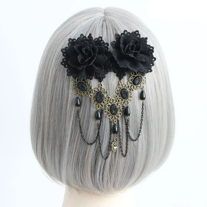 

Gothic Hair Accessories Women Lace Black Rose Flower Tiaras Girls Ornaments Hair Pins Female Handwork Head Jewelry Barrette 2019