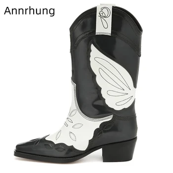 

Black White Mixed Color Winter Boots Women Med Heel Little Square Toe Genuine Leather Sewing Wing Slim Runway Botas Mujer