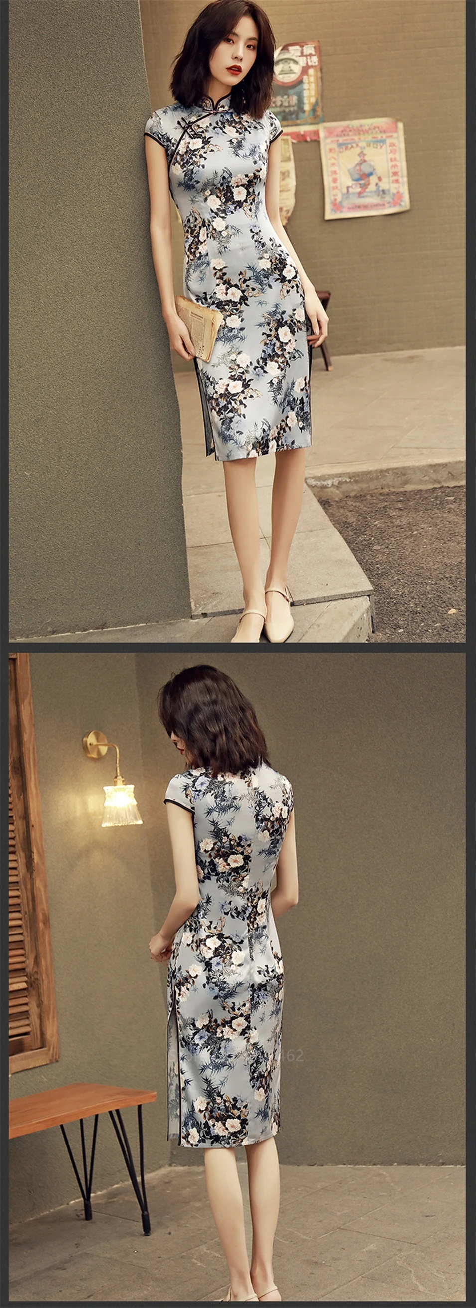Китайское традиционное платье Cheongsam Qipao для женщин и девушек, вечерние, свадебные Модные Винтажные ретро атласные Короткие Платья с цветочным принтом