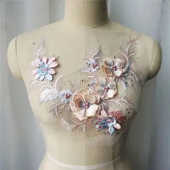 

Champagne 3D Flower Lace Fabric Beads Rhinestone Tassel Embroidered Gown Appliques Collar Sew Patch For Wedding Decoration DIY