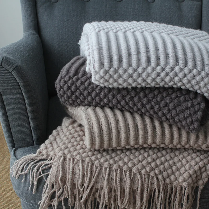Europe Plaid Knit Air Conditioner Cover Nap blanket Comfortable warm tassel Nordic solid color Blankets for Beds Sofa black gray-0