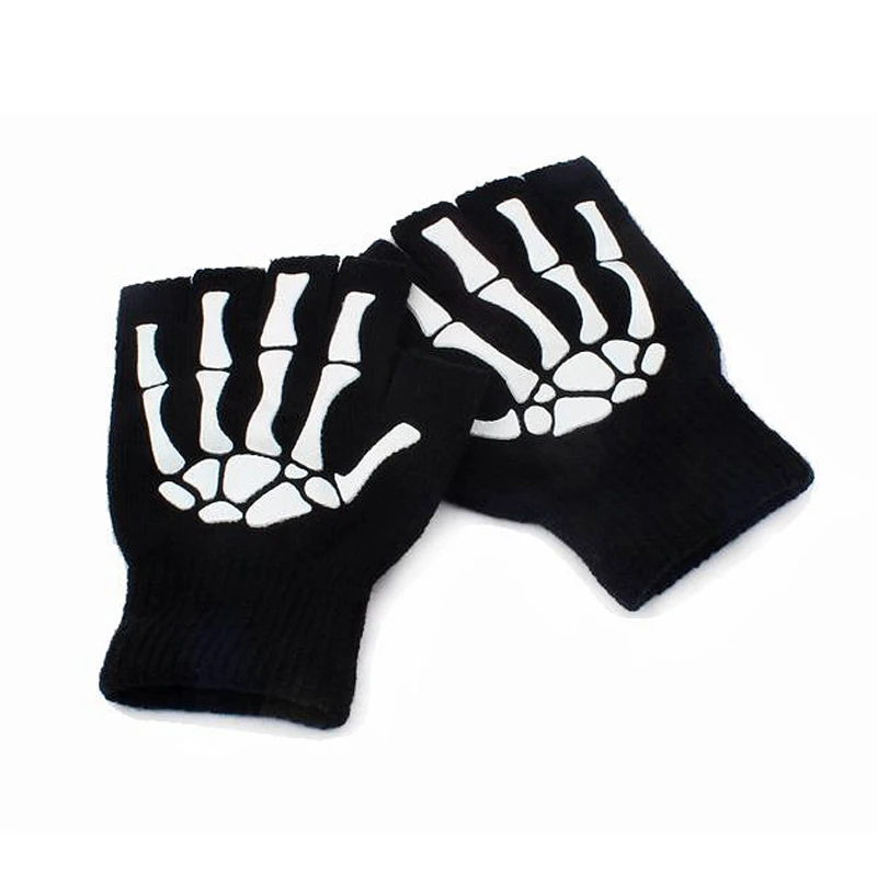 New Punk Gloves Unisex Halloween Skeleton Skull Half Finger Gloves Glow In The D