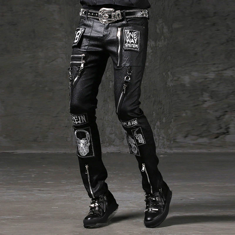 メンズジッパー スカルスキニーパンクロック鉛筆のズボン原宿ファッションヒップホップパンツパンクパンツ スキニーパンツ Aliexpress