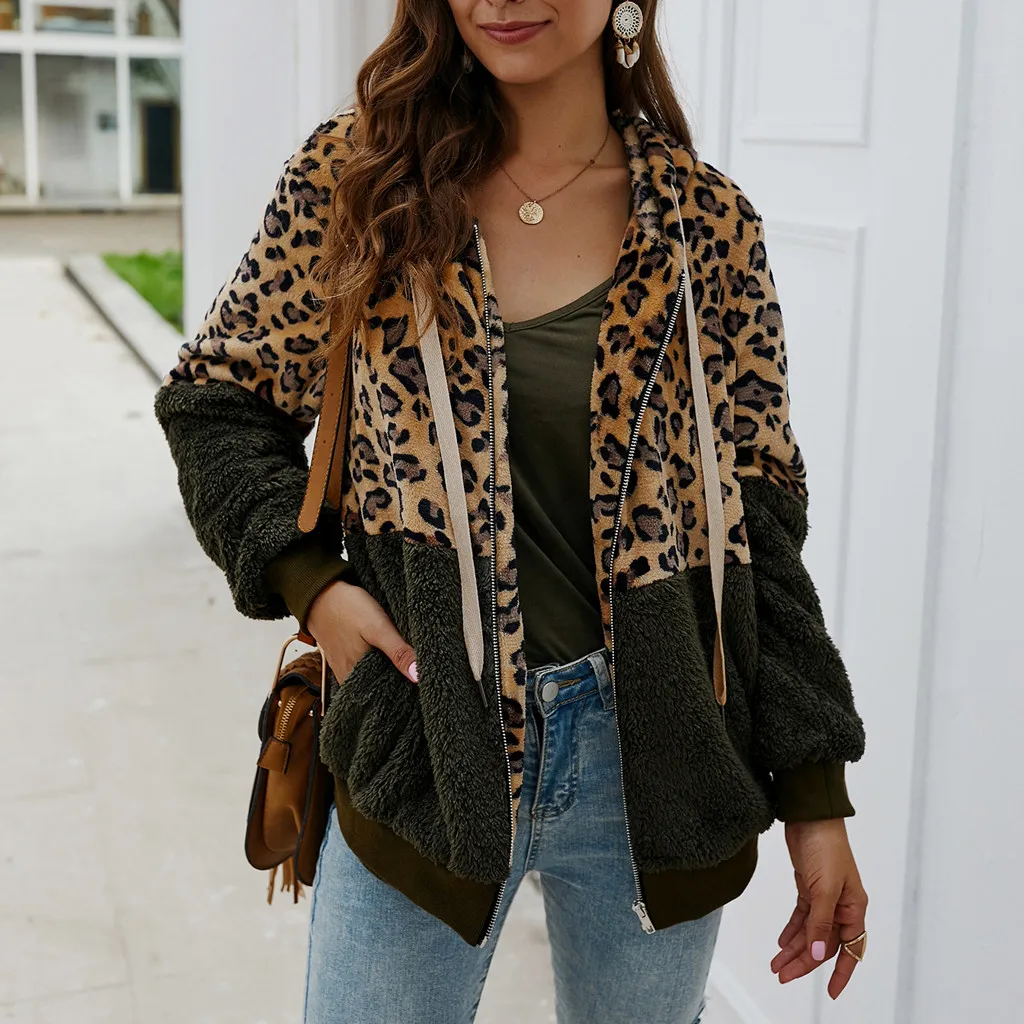 low cost  Womail jacket Coat Women Vintage Winter Warm Faux Fur Coat Fashion Hooded Leopard Print Zipper Outw