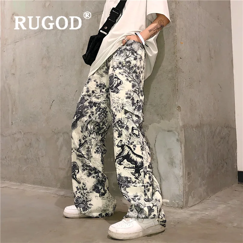 

RUGOD 2019 New Autumn Women Ink Painting Straight Pants Abstract Print Cool Street Wear Wide Leg Pants Pocket Elegant Trousers