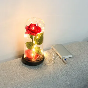 

USB 8 Modes 20LED Wooden Base Night Lights Rose Flower Glass Dome Copper Wire Fairy String Light Valentine Wedding Birthday Gift