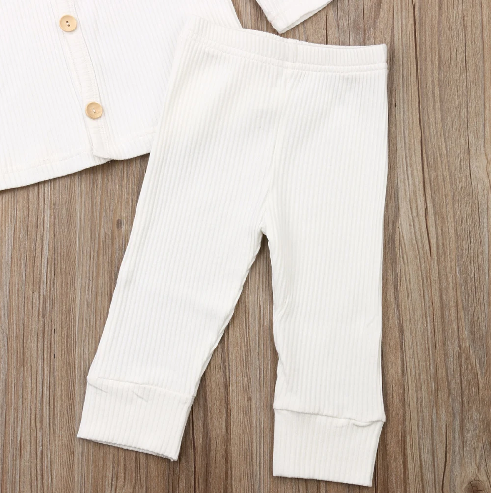 Коллекция года, весенне-осенняя одежда для малышей Вязаный топ с длинными рукавами для новорожденных девочек и мальчиков+ штаны-леггинсы комплект из 2 предметов однотонная одежда в рубчик
