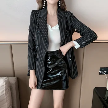

Female Outwear Tops Thin Blazer Women Striped Blazers Autumn Fashion Long-sleeved Double-breasted Long Suit Top Office Lady Slim