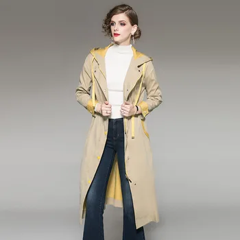 

2020 Autumn new women's windbreaker bright yellow stitching contrast color hooded temperament all-match casual coat
