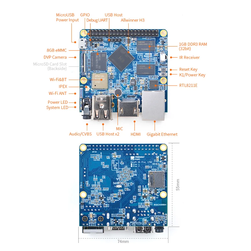 RealQvol FriendlyELEC NanoPi M1 Plus  , Allwinner H3  ھ Cortex-A7, 1.2GHz,1GB DDR3 RAM,8GB eMMC