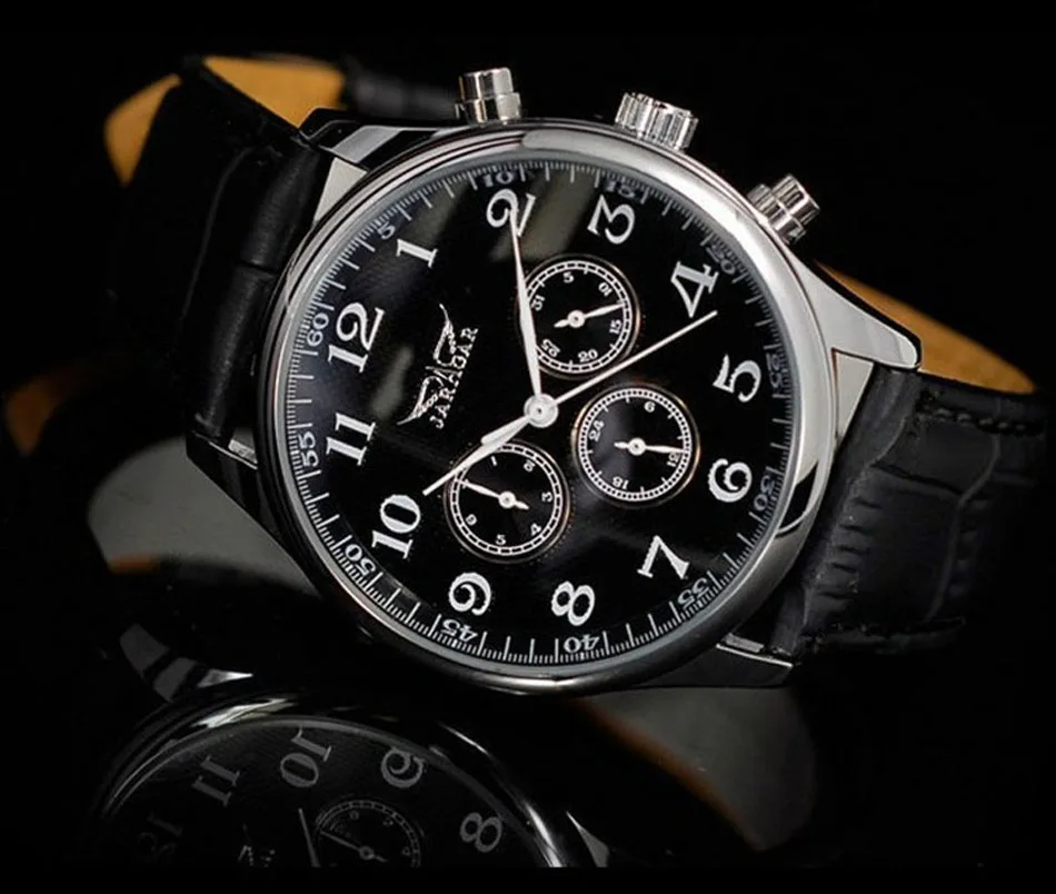JARAGAR Automatic Mechanical Self-Wind Sport Thin Case Calendar 24Hour Week Dial Real Leather Strap Men Wrist Watch mechanical watch