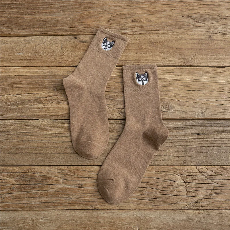 khaki SP& CITY/модные женские носки в стиле хараджуку с вышитой собачкой из мультфильма; зимние однотонные повседневные носки до лодыжки; удобные носки в студенческом стиле - Цвет: khaki