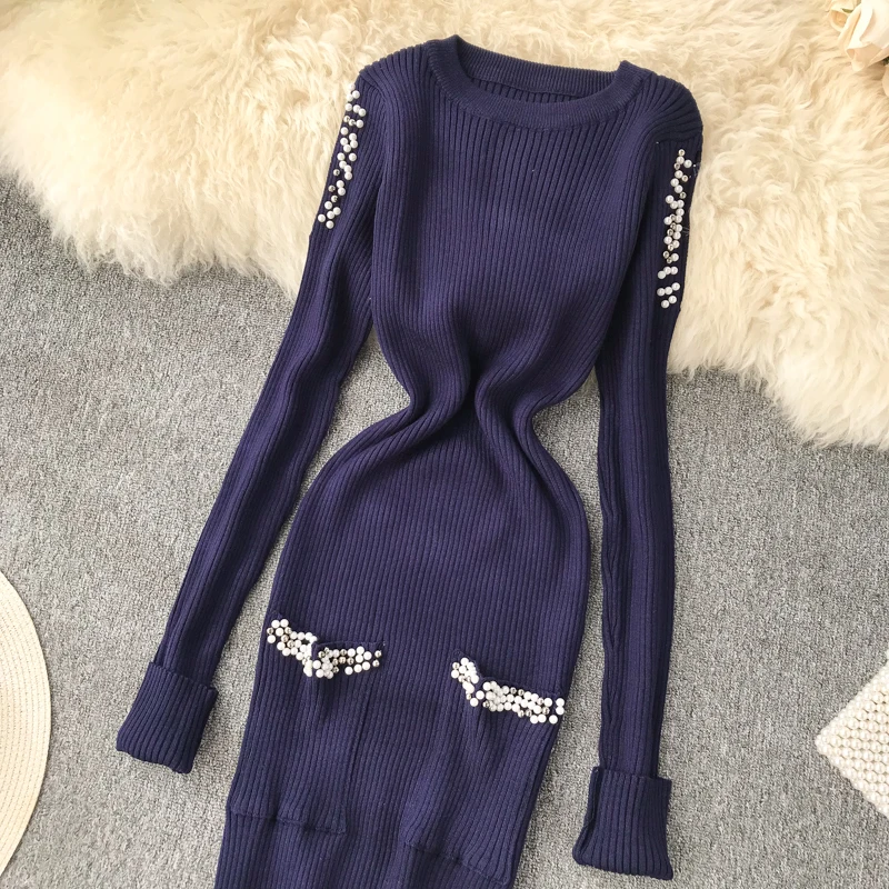 Amolapha женское трикотажное платье с жемчугом Vestidos, Элегантные Женские однотонные вязаные платья с длинным рукавом и карманами, наряды