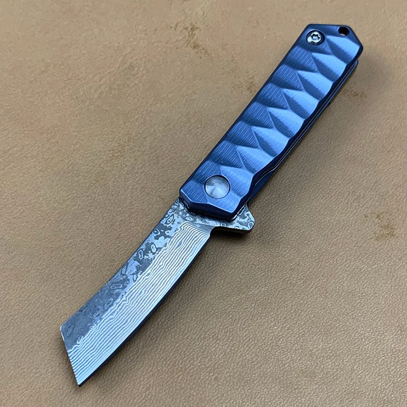 Blue Damascus Титановая ручка мини карманный складной нож D2/дамасское Лезвие Открытый EDC Кемпинг Фрукты ножи универсальный инструмент подарок с брелоком - Цвет: Blue Damascus