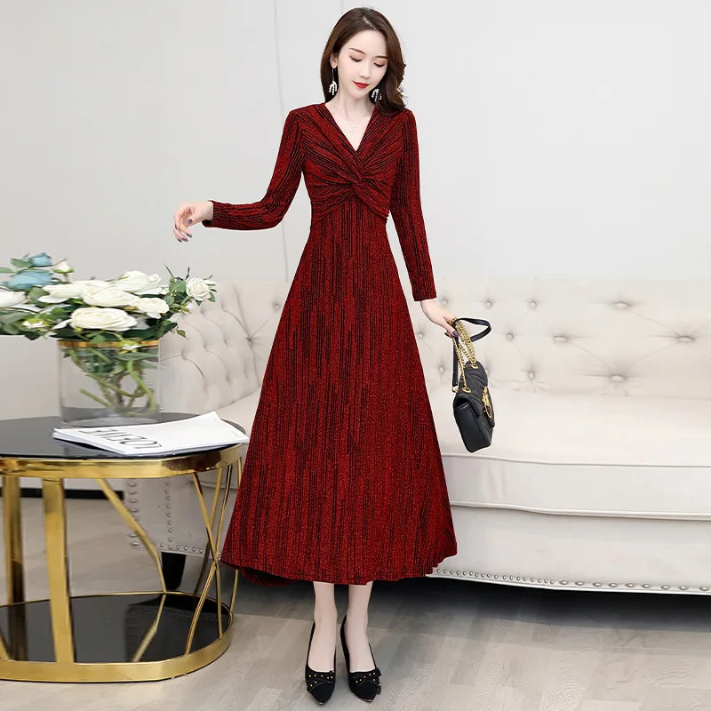 

2020 New Style Early Spring nv qun zhuang Elegant Elegant Slimming over-the-Knee V-neck Long Sleeve Swinging Skirt Western Style