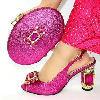 

Italian new trand Decorated with rhinestones designs Lady High heels sandals and bag set crystal heels for African women Party
