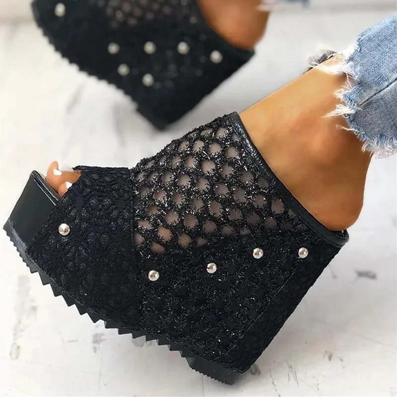 Women High Heels Platform Sandals Summer Mesh Slip On Peep Toe Rubber Sole
