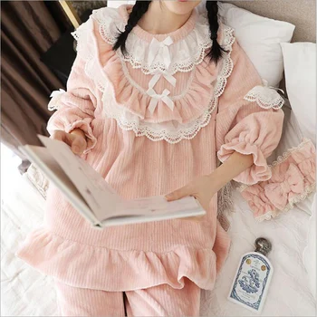 

Korea Style Girls Thicken Coral Velvet Sweet Home Wear Lace Full Sleeves Women Winter Pajamas Cute Turn-Down Collar Sleepwear
